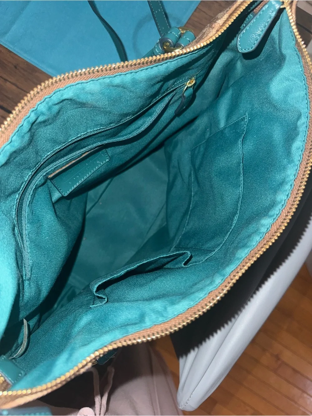 Coach Beige Signature Shoulder Bag with Teal Trim